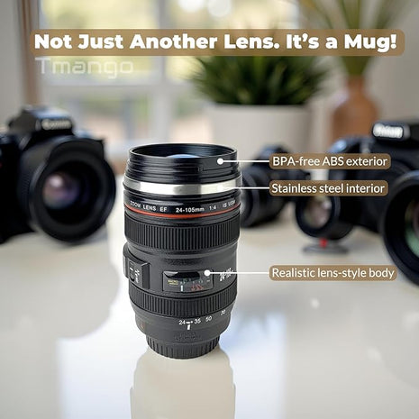 Camera Lens Coffee Mug with Clear Lid – Unique Realistic Lens Cup Replica, Gift for Photography Lovers