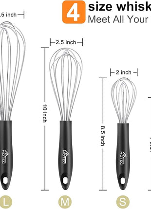 HOTEC 4 Pieces Stainless Steel Whisks Set, Wire Balloon Whisks Egg Beater, Thicken Wire &Non-slip Handle Whisk Perfect for Cooking, Stirring, Beating and Blending (Silver)