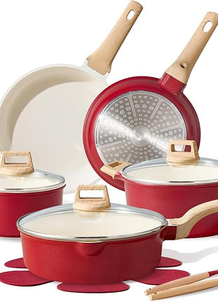 CAROTE 14 Pcs Ceramic Cookware Set, Pots and Pans Set Non Stick with Ceramic Coating, Induction Kitchen Sets, Red