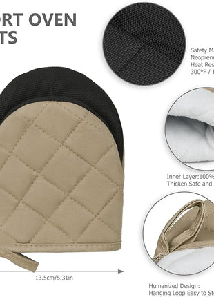 1 Pair Short Oven Mitts - Silicone Kitchen Oven Gloves High Heat Resistant 500℉, Mini Oven Mits with Non-Slip Grip Surfaces and Hanging Loop for BBQ, Baking, Cooking and Grilling (Coffee)