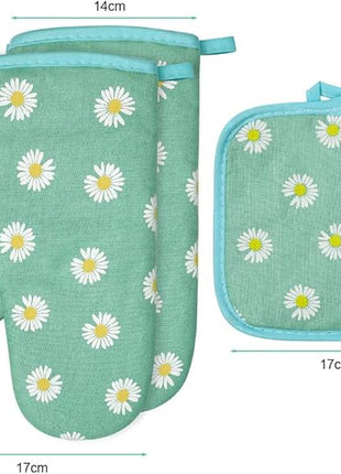 AUAUY Oven Mitts and Potholders, BBQ Gloves Heat Resistant, 1 Pair Oven Mitts and 2 Pot Holders, Cotton Non-Slip Cooking Gloves Home Essentials for Cooking Baking Kitchen Microwave Pizza (Daisy-Green)