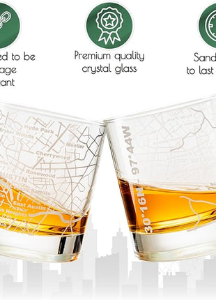 Greenline Goods Whiskey Glasses - 10 Oz Tumbler Gift Set for Austin lovers, Etched with Austin Map | Old Fashioned Rocks Glass - Set of 2