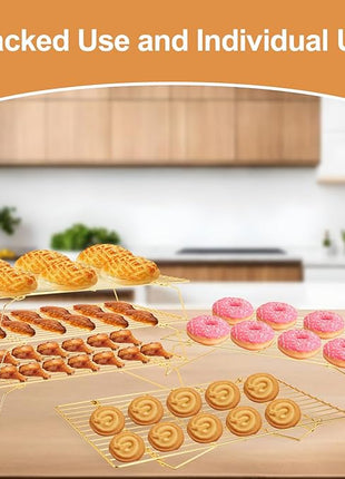 Cooling Rack for Baking 3 Tiers, 16" x 10" Cookie Cooling Wire Rack Stackable Collapsible Nonstick, Stainless Steel Baking Cooking Cooling Racks with Optimum Air Flow, Gold