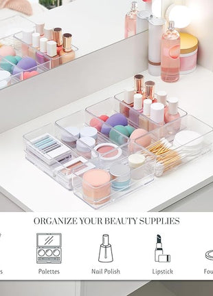STORi SimpleSort 6-Piece Stackable Clear Drawer Organizer Set | 6" x 3" x 2" Rectangle Trays | Small Makeup Vanity Storage Bins and Office Desk Drawer Dividers | Made in USA