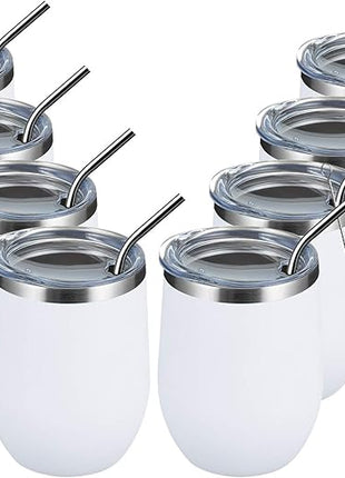 MEWAY 12oz/8 Pack Wine Tumbler Glasses with Lid - Stemless Double Wall Vacuum Stainless Steel Travel Tumbler - Keeping Cold & Hot for Wine,Coffee,Cocktails,Drinks-Family and Gifts (White,Set of 8)