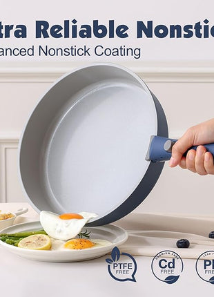 SENSARTE 17 Piece Ceramic Pots and Pans Set, Nonstick Detachable Handle Cookware, Induction Kitchen Cookware Set with Removable Handle, Dishwasher ＆ Oven Safe (Navy)