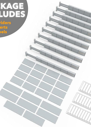 SpaceAid Bamboo Drawer Dividers with Inserts and Labels, Kitchen Adjustable Drawer Organizers, Expandable Organization for Home, Office, Dressers, 10 Dividers with 24 Inserts (17"-22" Gray)