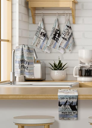 Boyiee Set of 6 Camping Kitchen Towels Happy Camper Tea Towels Absorbent Farmhouse Dish Towels with Funny Sayings 24 x 16 Inches Camping Hand Towels for RV Campers Lovers Gifts Accessories Decorations