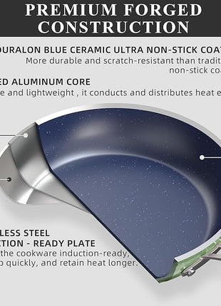 Nuwave Healthy Duralon Blue Ceramic Nonstick Cookware Set, Diamond Infused Scratch-Resistant, PFAS Free, Dishwasher & Oven Safe, Induction Ready & Evenly Heats, Tempered Glass Lids & Stay-Cool Handles