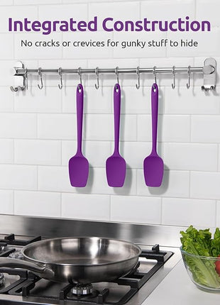 U-Taste Silicone Spoon Spatula Set, 600ºF High Heat Resistant Food Grade Flexible Rubber Scraper, Integrated Cooking Mixing Baking Kitchen Utensils Set of 3 for Nonstick Cookware (Purple)