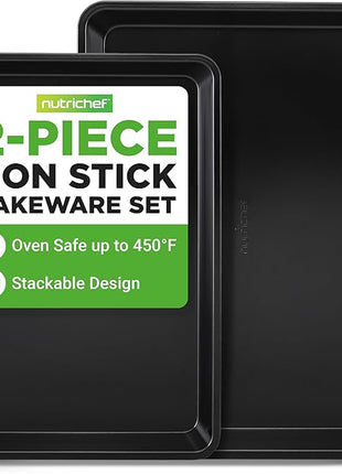 NutriChef 2-Piece Baking Sheet Non Stick - Premium Carbon Steel Cookie Sheets for Baking - Large and Medium Baking Trays for Oven - Black