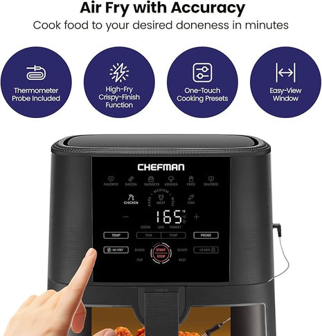 CHEFMAN 5-Quart Digital Air Fryer with Temperature Probe, 8 Customizable Cooking Presets, Large Easy-View Window, Give Your Food an Extra Crispy Finish, Nonstick Dishwasher-Safe Basket & Tray, Black