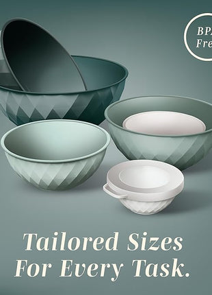 COOK WITH COLOR Mixing Bowls with Lids - 12 Piece Plastic Nesting Bowls Set includes 6 Prep Bowls and 6 Lids, Diamond Design - Microwave Safe, Green