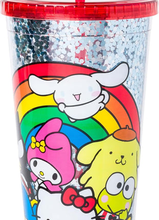 Silver Buffalo Sanrio Hello Kitty and Friends Featuring Cinnamoroll, Badtz-Maru, My Melody, Pompompurin, Tuxedo Sam, and Chococat Rainbow Plastic Confetti Cold Cup with Lid and Straw, 32 Ounces