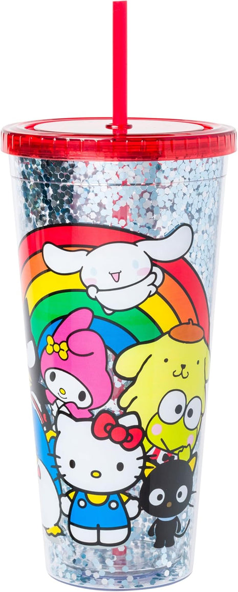 Silver Buffalo Sanrio Hello Kitty and Friends Featuring Cinnamoroll, Badtz-Maru, My Melody, Pompompurin, Tuxedo Sam, and Chococat Rainbow Plastic Confetti Cold Cup with Lid and Straw, 32 Ounces