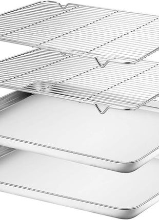 Wildone Baking Sheet & Rack Set [2 Sheets + 2 Racks], Stainless Steel Cookie Pan with Cooling Rack, Size 16 x 12 x 1 Inch, Non Toxic & Heavy Duty & Easy Clean