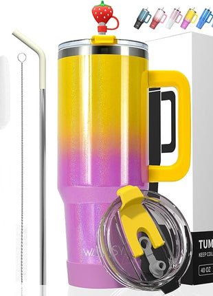 40 oz Shiny Tumbler with Handle and Straw,Stainless Steel Tumbler with Lid and Straw,Insulated Travel Mug(Cold for 34 Hours),Water Bottle for Iced Tea,Coffee (Yellow)