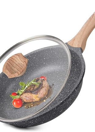 Caannasweis Nonstick Granite Frying Pan Skillet, Non Stick Omelette Fry Pans, Omelet Egg Pan, Stone Cookware Chef's Pan, Induction Compatible, PFOA Free (Gray, 9.5 Inch with Lid)