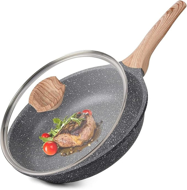 Caannasweis Nonstick Granite Frying Pan Skillet, Non Stick Omelette Fry Pans, Omelet Egg Pan, Stone Cookware Chef's Pan, Induction Compatible, PFOA Free (Gray, 8 Inch with Lid)