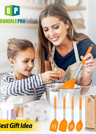 Pack of 4 Silicone Cooking Utensils Set, Non Stick Large Solid Spatulas, Heat Resistant Slotted Spoons, Ideal BPA Free Kitchen Turners for Frying, Mixing,Serving,Draining,Turning,Stirring (ORANGE)