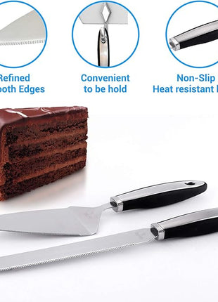 Cake Cutting Set for Wedding Cake Knife and Server Set, Cake Cutter and Pie Spatula, Cake Server and Knife Set of 2 (Plastic Handle, Silver)