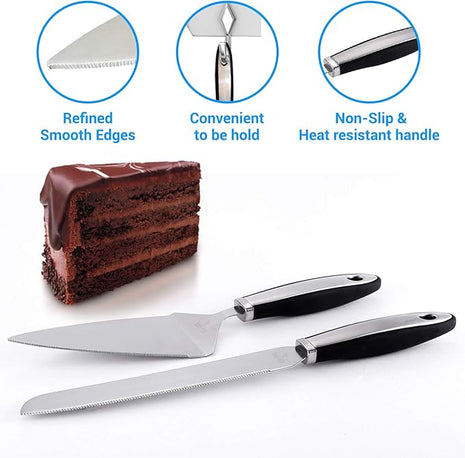 Cake Cutting Set for Wedding Cake Knife and Server Set, Cake Cutter and Pie Spatula, Cake Server and Knife Set of 2 (Plastic Handle, Silver)