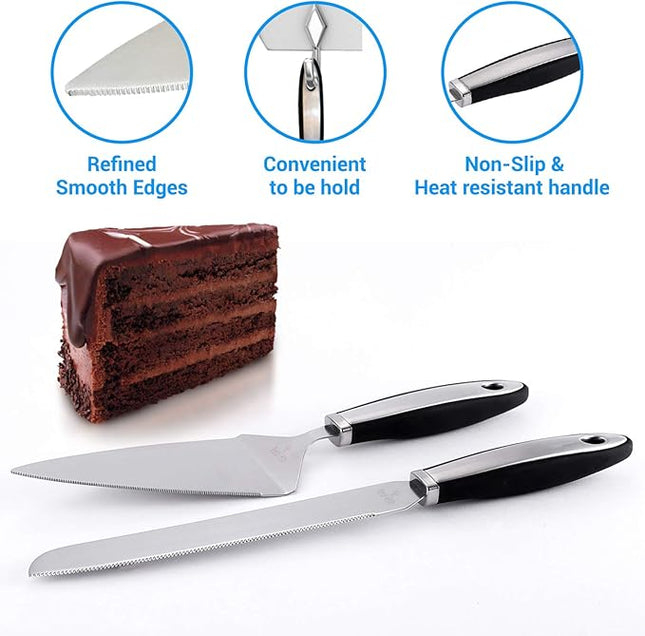 Cake Cutting Set for Wedding Cake Knife and Server Set, Cake Cutter and Pie Spatula, Cake Server and Knife Set of 2 (Plastic Handle, Silver)