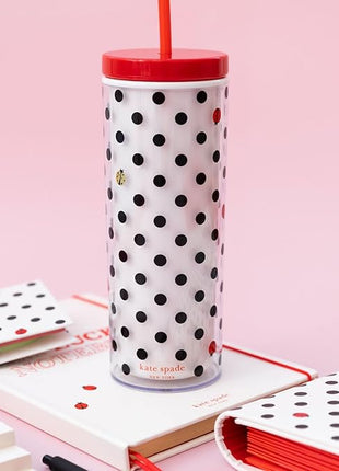kate spade new york Acrylic Tumbler with Lid and Straw, 24 oz Tumbler, Slim Double Wall Tumbler (Ladybug Dot)