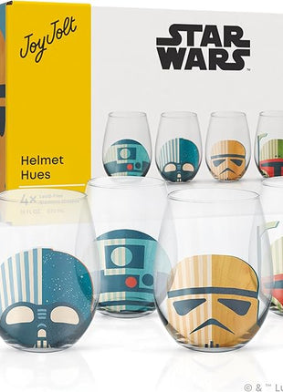 JoyJolt Star Wars™ Helmet Hues Tumblers Stemless Glasses. Set of 4 Large 19oz Glass Drinking Glasses, Wars Kitchen Gifts and, Collectibles for Adults