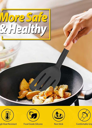 Pack of 2 Silicone Cooking Spatula, Heat Resistant Solid Turner, Non Stick Slotted Spatulas with Wooden Short Handle,Ideal Wood Kitchen Utensils Set for Frying, Baking, Flipping, Turning