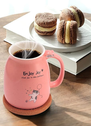 Bgbg Novelty Cat Mug Cute Ceramic Coffee Cup with Kawaii Wooden Kitty Lid, Lovely Claw Spoon, Anime Wooden Coaster, Pink Birthday Mug Gift for Cat Lovers Girl Kids Women 480ML (Pink)