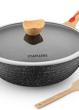 Nonstick Wok Aluminium Die-casting Chinese Wok, Scratch Resistant With Lid and Spatula, PFOA-Free, Dishwasher Safe & Induction Bottom,12 Inch,6L,Large Capacity