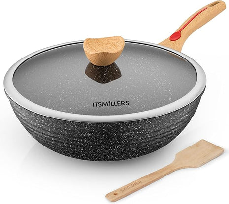 Nonstick Wok Aluminium Die-casting Chinese Wok, Scratch Resistant With Lid and Spatula, PFOA-Free, Dishwasher Safe & Induction Bottom,12 Inch,6L,Large Capacity