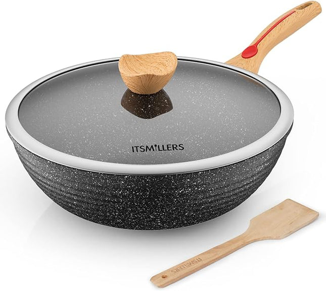 Nonstick Wok Aluminium Die-casting Chinese Wok, Scratch Resistant With Lid and Spatula, PFOA-Free, Dishwasher Safe & Induction Bottom,12 Inch,6L,Large Capacity