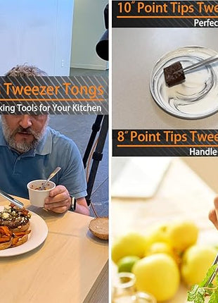 JETKONG 3 Pcs Kitchen Tweezers Tongs, Stainless Steel Cooking Tweezers, 8+10+12 Inch Ideal for meat, pasta, plating and pinching delicate small pieces of food (Silver)