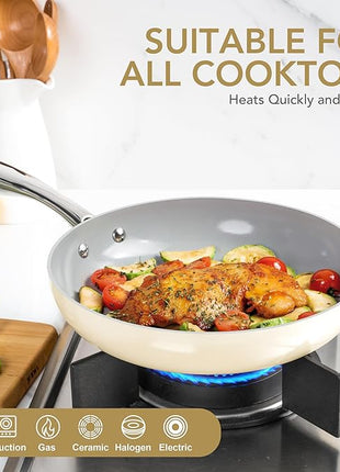 MICHELANGELO Non Stick Frying Pans - 10 Inch Frying Pan Nonstick with Lid, Nonstick Skillet with Lid, Non Toxic Frying Pan, Ceramic-Coated, Beige