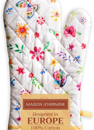 Maison d' Hermine Oven Gloves 100% Cotton Oven Mitt 7" x 13" with Loop Heat Resistant, BBQ, Cooking Gloves, Grilling, Kitchen, Handling Hot Pans Spring/Summer (Pack of 1, Happy Florals - Sweety)