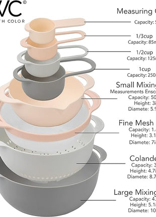 COOK WITH COLOR Nesting Bowls with Measuring Cups Colander and Sifter Set - Includes Mixing Bowls, Colander, Sifter and Measuring Cups, Pink, 8 Pc Bowl