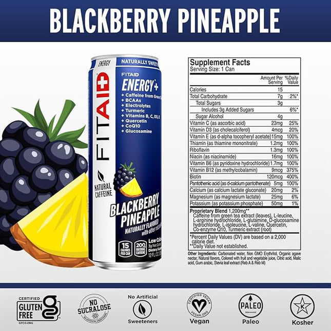 FITAID ENERGY, 200mg Natural Caffeine, Keto, Blackberry Pineapple, Optimum Performance Formula: BCAAs, Quercetin, Electrolytes, Omega-3s, 15 calories, Paleo, Vegan & Gluten-Free 12 Fl Oz (Pack of 24)