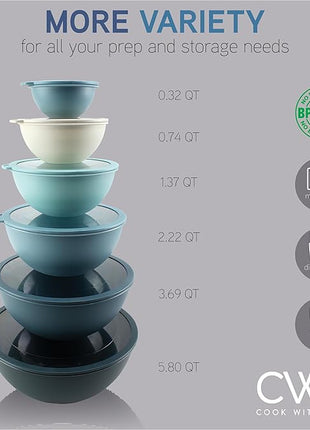 COOK WITH COLOR Mixing Bowls with Non Slip Bottom - 12 Piece Plastic Nesting Bowls Set includes 6 Prep Bowls and 6 Tritan Lids - Microwave Safe (Blue)