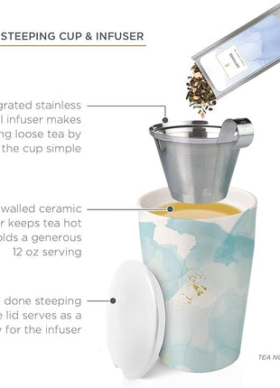 Tea Forte Double-Walled Ceramic Kati Cup, Removable Stainless Steel Infuser Basket and Lid, Steeps 12 oz Loose Leaf Tea, Dishwasher & Microwave Safe, Wellbeing