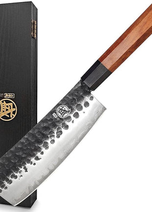 MITSUMOTO SAKARI Boning Knife 7 inch - Hand Forged Japanese Meat Cleaver Knives, 3-Layer 9CR18MOV High Carbon Steel, Rosewood Handle & Sandalwood Box