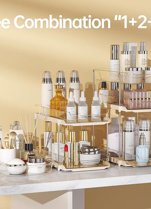 Delamu 2 Pack 3-Tier Bathroom Under Sink Organizers and Storage, Multi-Purpose Stackable Pantry Organization and Storage, Pull Out Clear Kitchen Bathroom Cabinet Organizer with Movable Dividers, Beige