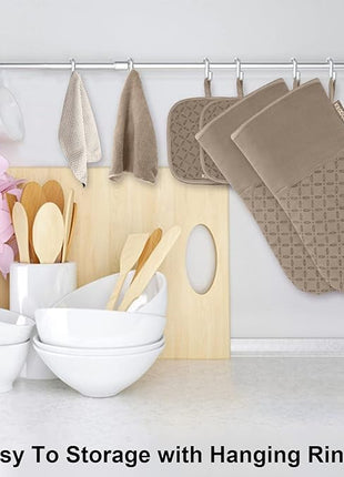 KEGOUU Oven Mitts and Pot Holders 6pcs Set, Kitchen Oven Glove High Heat Resistant 500 Degree Extra Long Oven Mitts and Potholder with Non-Slip Silicone Surface for Cooking (Khaki)