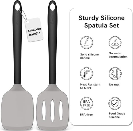 Coukre 2 Pack Silicone Spatula Set, High Heat Resistant, BPA Free Kitchen Spatula, Solid & Slotted Turner for Non-Stick Pans, Sautéing, and Flipping (2, Gray)