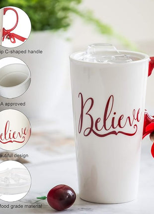 Christmas Ceramic Mug Porcelain Coffee Cup with Tritan Lid and Box,17 oz Bell Decorated (Believe)