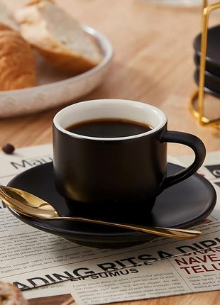 Lareina 3-Ounce Espresso Cups Set of 4, Small Stackable Coffee Cups with Saucers, Spoons and Metal Stand, Ceramic Demitasse Mugs, Espresso Accessories for Machine, Black