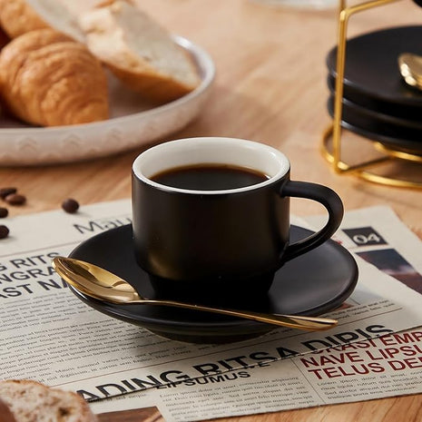 Lareina 3-Ounce Espresso Cups Set of 4, Small Stackable Coffee Cups with Saucers, Spoons and Metal Stand, Ceramic Demitasse Mugs, Espresso Accessories for Machine, Black