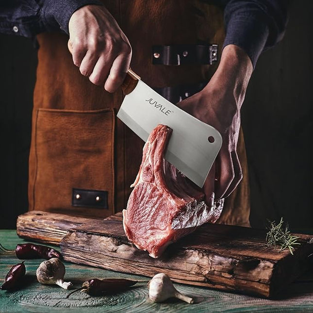 Juvale Meat Cleaver - 8-Inch Stainless Steel Blade, Wood Handle - Heavy-Duty Butcher Knife & Bone Cleaver for Beef Brisket, Meat Cutting & Chopping - Chopping Knife