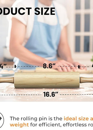 KARRYOUNG Rubber Wood Rolling Pin for Baking, Kitchen Dough Roller With Handles, Rodillo Para Masa, Rolling Pin for Dough, Pizza,Bread, Fondant & Tortilla